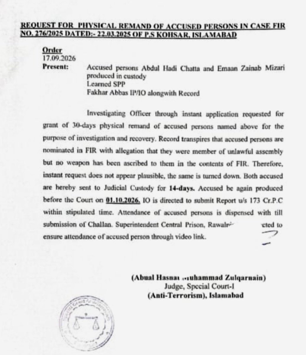 reema_omer's tweet photo. Heartbreaking and terrifying development

Imaan and Hadi sent to judicial custody by an anti-terrorism court for 14 days for being part of an “unlawful assembly” the same day the SC suspended their atrocious PECA sentences and ordered their release on bail 

A tyrannical state relishing its cruelty