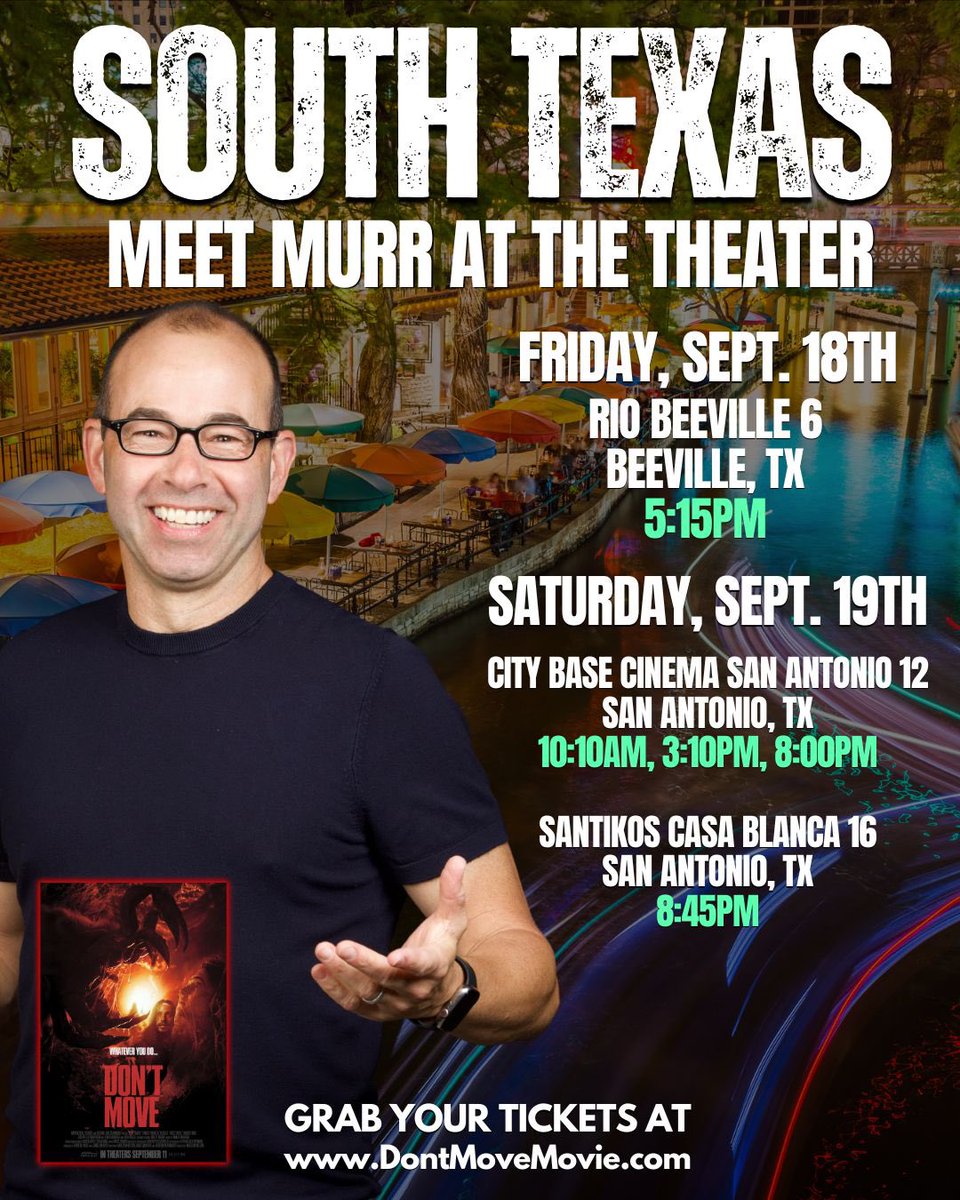 jamessmurray's tweet photo. SOUTH TEXAS! 

I'll be popping into the following movie theaters in Beeville, TX (Friday) & San Antonio, TX (Saturday) to take photos and thank everyone for seeing our brand new thriller DON'T MOVE.

DON’T MOVE is in theaters nationwide in limited release, so do not miss your chance to see it now!

Get your movie tickets nationwide now at https://t.co/jYOA3w3VbD or at your local movie theater’s website.

Friday, September 18th

5:15pm
Rio Beeville 6
Beeville, TX

Saturday, September 19th

10:10am / 3:10pm / 8:00pm
City Base Cinema San Antonio 12
San Antonio, TX

8:45pm
Santikos Casa Blanca 16
San Antonio, TX

See you there!