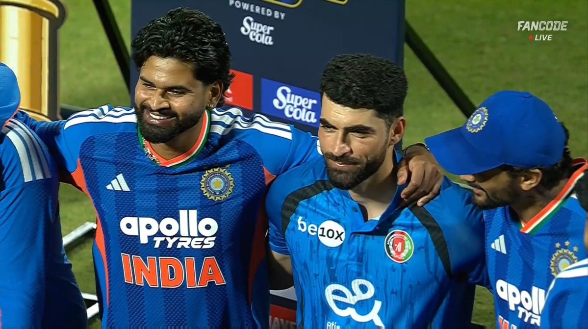 ImTanujSingh's tweet photo. AFGHANISTAN CAPTAIN IBRAHIM ZADRAN CELEBRATING WITH CAPTAIN SHREYAS IYER &amp; TEAM INDIA TOGETHER. ❤️🥹

- Such a beautiful gesture by Captain Shreyas &amp; Team India. https://t.co/9UtsYfD4JD