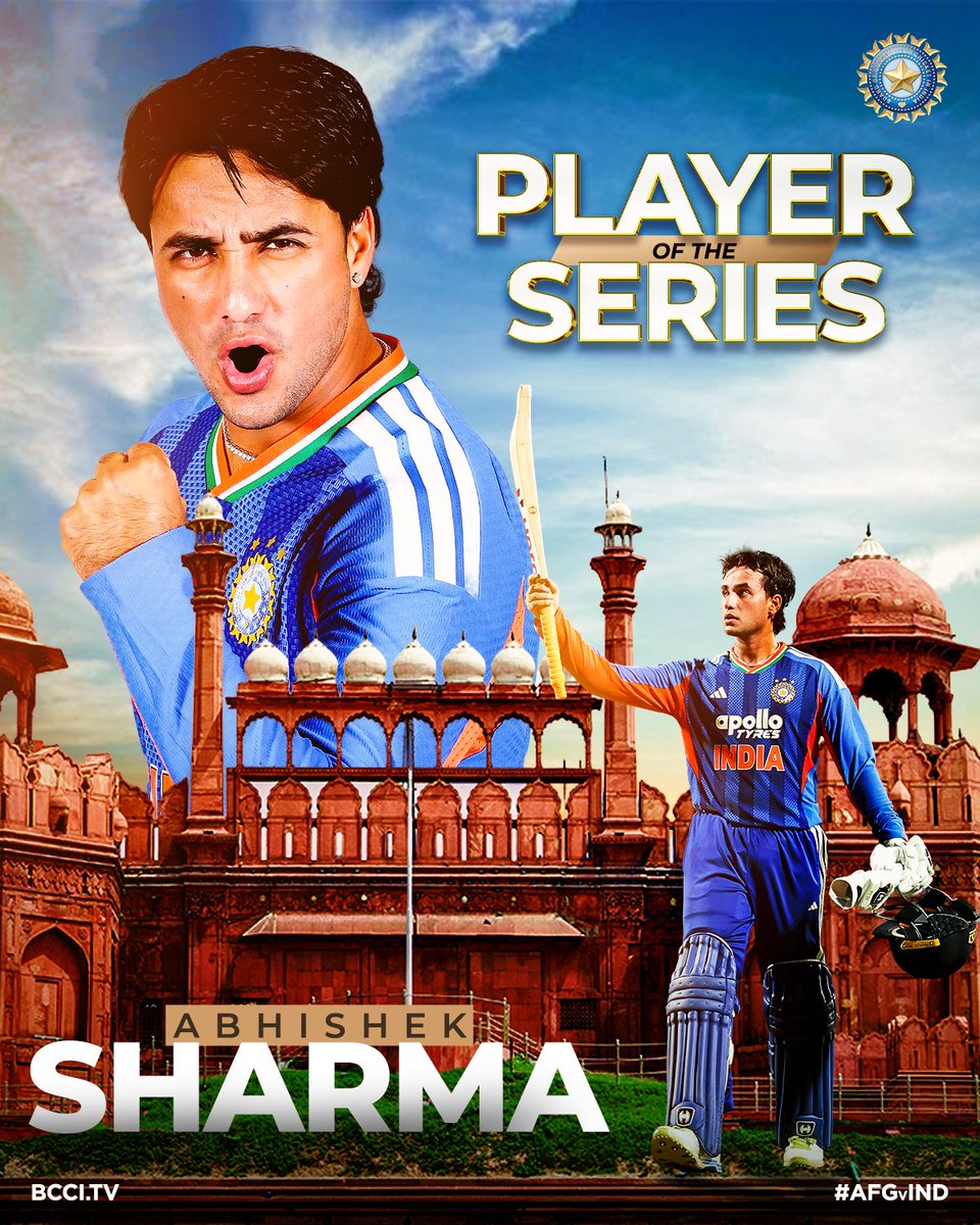 BCCI's tweet photo. 3️⃣ Matches
2️⃣2️⃣9️⃣ Runs
7️⃣6️⃣.3️⃣3️⃣ Average
2️⃣6️⃣9️⃣.4️⃣1️⃣ Strike-rate 

Abhishek Sharma is adjudged the Player of the Series for his incredible consistency 🫡🔝

Scorecard ▶️ https://t.co/Zixki4RhPt

#TeamIndia | #AFGvIND https://t.co/2g2D8re859