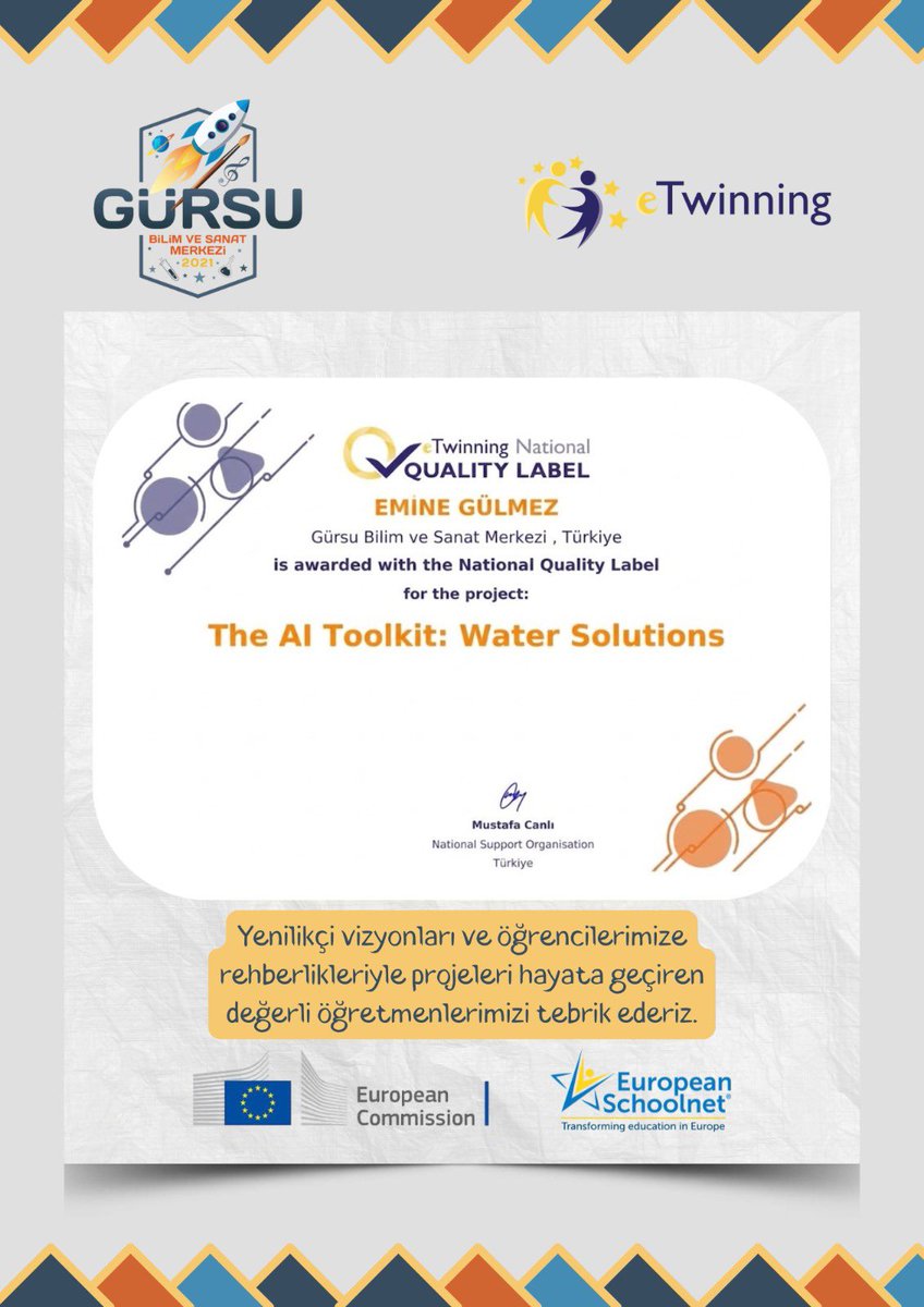 gursubilsem16's tweet photo. 🌟 Gürsu BİLSEM’e bir gurur daha!

Uluslararası eTwinning projelerimiz, yenilikçi yaklaşımlar ve özverili çalışmalar sonucunda 🏆 Ulusal Kalite Etiketi ile ödüllendirildi!

Projelerde emeği geçen değerli öğretmenlerimizi, öğrencilerimizi ve tüm paydaşlarımızı tebrik ediyoruz. 👏 https://t.co/zc6Q272qcy
