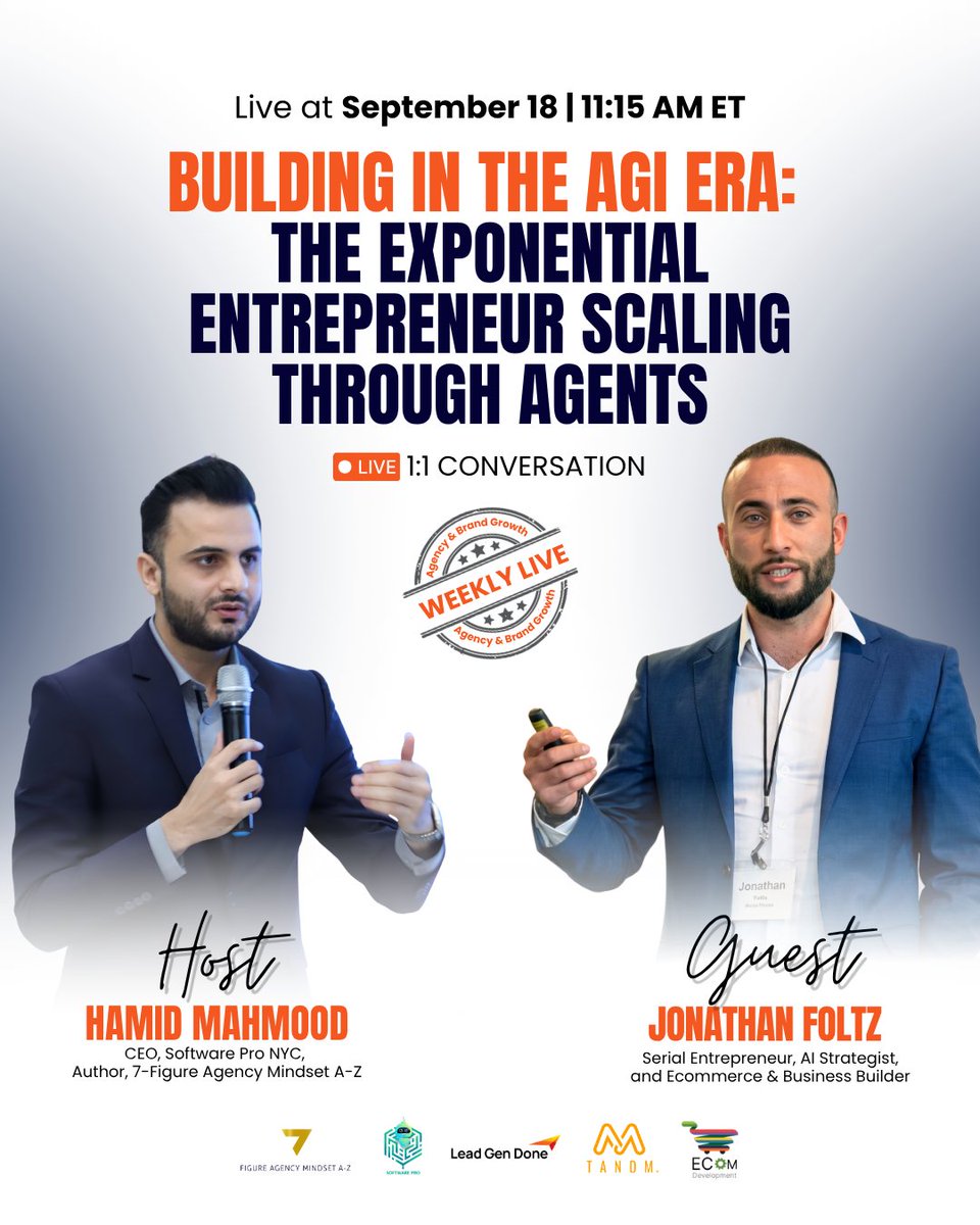 SoftwarePro6's tweet photo. Mark your calendar. Agency &amp; Brand Growth Weekly Live goes live this Friday, September 18, at 11:15 AM ET.

Software Pro Digital is excited to share that Mr. Hamid Mahmood, will be hosting the next episode of Agency &amp; Brand Growth Weekly Live with special guest Jonathan Foltz. https://t.co/5SSyUXGCf7