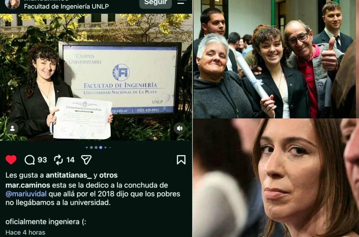 rodolfoCeniz's tweet photo. Una joven, Martina Caminos, al graduarse de Ingeniería en la Universidad Nacional de La Plata le dedicó el título a la “conchu**” de María Eugenia Vidal, por su asquerosa frase expresada en 2018 cuando era gobernadora “...nadie que nace en la pobreza llega a la Universidad”. https://t.co/PXXZrc3FLO