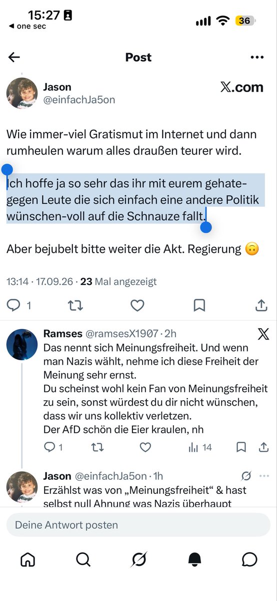 ramsesX1907's tweet photo. @einfachJa5on @duselcr @Noah_Rosskothen @Dumb__Trump @berger_pj So egal, dass du jeder anderen Meinung Gewalt und Schaden wünscht 😂 https://t.co/fEgCASurZn
