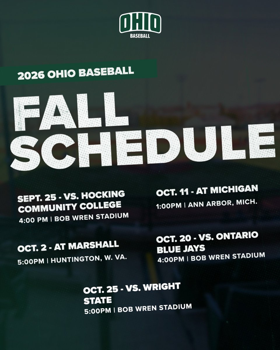 Ohio_Baseball's tweet photo. 𝟮𝟬𝟮𝟲 𝗙𝗔𝗟𝗟 𝗦𝗖𝗛𝗘𝗗𝗨𝗟𝗘 ⚾ 

See you out at Bob Wren this Fall!

📰: https://t.co/ypogQKzFdj 

#OUohyeah https://t.co/e7miuzHYVP