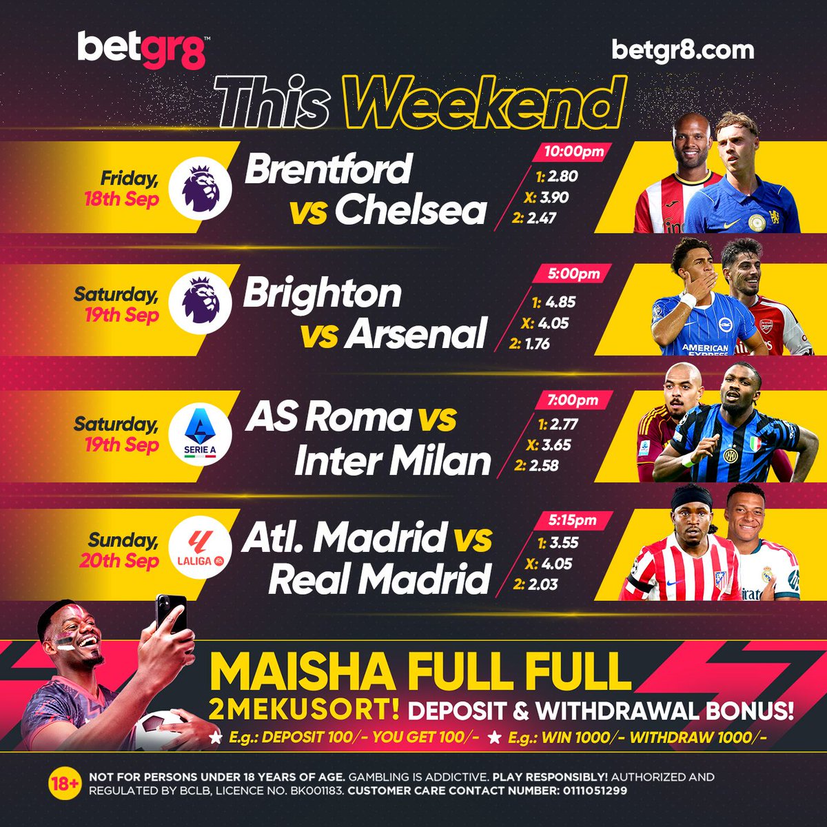 betgr8ke's tweet photo. โฝ THE WEEKEND IS LOADED! ๐ฅ
Chelsea, Arsenal, Inter, Real Madrid are all in action!
Pick your side, Place your stake and Win Big!
No deductions, No tricks, Just pure winnings! 2Mekusort! ๐ฏ
Play Now ๐ฒ https://t.co/JeSGIfnN5H
18+ | #betgr8 #begr8 #HighOdds #Weekend #Football https://t.co/l6cQqsrd4F