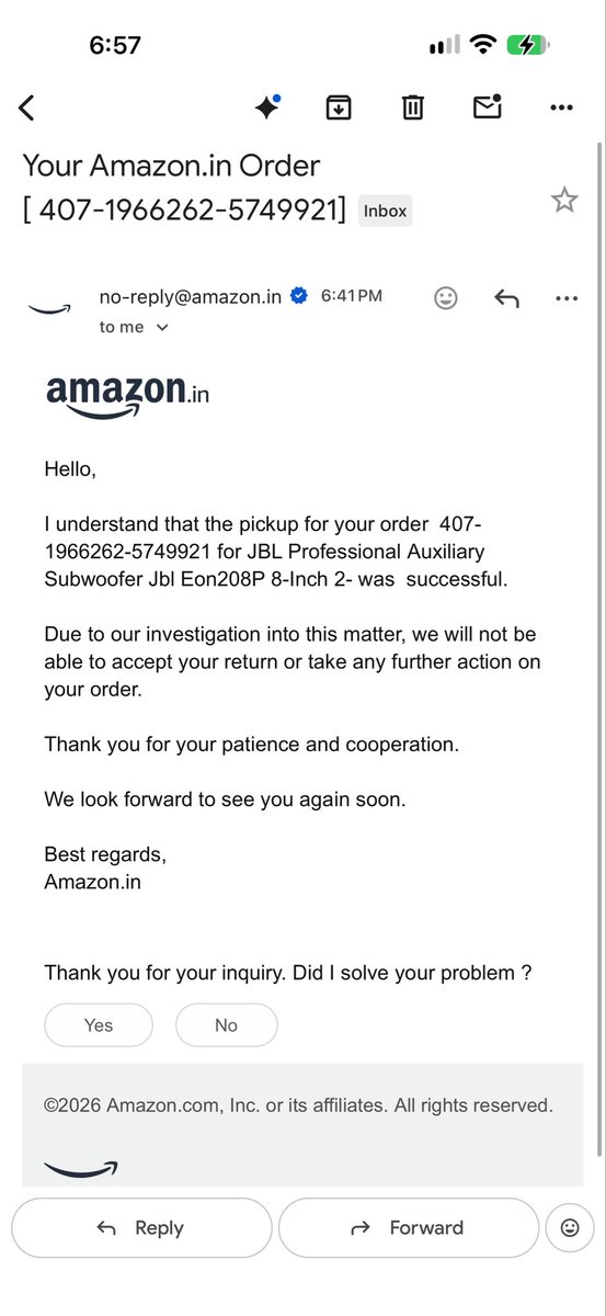 divyesh_0707's tweet photo. @AmazonHelp Your latest email clearly confirms that the pickup for my order was successful. This contradicts your Leadership Team’s repeated claim that the item was “not picked up.” Yet Amazon is refusing to accept the return or take further action. @amazonIN #amazon #scam #amazonscam https://t.co/U9kuRfWbjB