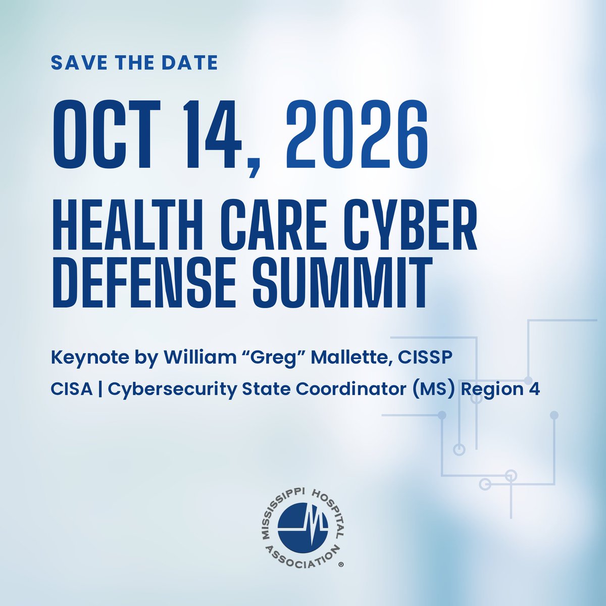 MHA's tweet photo. Hospitals are a top target. Cybersecurity starts with preparation — starting with saving the date! More to come. https://t.co/H7AHZahBFu