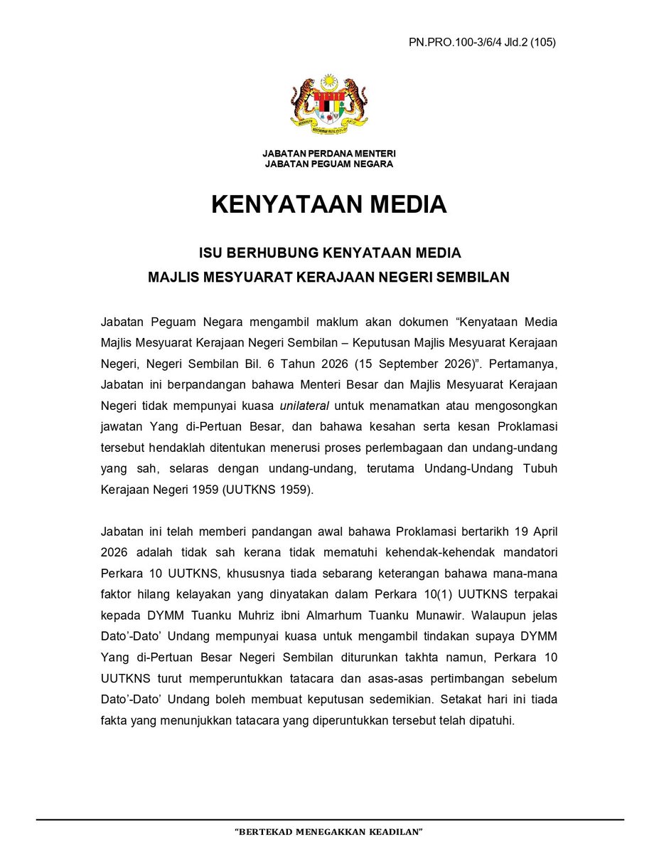 ckliio9's tweet photo. There you go, folks.

The Federal Government has dropped the atomic bomb! 
  
The AGC baru saja keluarkan kenyataan media rasmi. They have officially declared the UMNO-led state government's decision completely unconstitutional and illegal.

I already told y'all, don't listen to politicians or law lecturers who don't practice the law, they are no better than you and I.

And I also told y'all that what they did, gazetting and all mean nothing. Nada. Zilch. But hey, let the AGC tell you then.

Bagi puak-puak yang sembang sebulat suara nak kemas gazette, read what the highest legal office in the country has to say:

1. MB has Zero Unilateral Power: AGC menegaskan MB dan EXCO langsung tiada kuasa unilateral untuk mengosongkan jawatan Yang di-Pertuan Besar.

2. The April 19 Proclamation is invalid: AGC sahkan dokumen asal tu tidak sah kerana melanggar syarat wajib Perkara 10 UUTKNS. Tiada sebarang tatacara siasatan dipatuhi.

3. Signed by Impostors: AGC mengesahkan penandatangan dokumen tu dah tak pegang jawatan secara sah sebab dah diturunkan oleh adat luak masing-masing. Komposisi Undang Yang Empat tidak lengkap.

4. Perkara 16 is Absolute: AGC bersetuju ketetapan Dewan Keadilan dan Undang (DKU) di bawah Perkara 16(3) adalah muktamad, mutlak, dan tidak boleh dicabar di mana-mana mahkamah.

5. Gazette is Illegal: AGC secara rasmi memutuskan sebarang tindakan pewartaan (gazette) atau pelaksanaan oleh kerajaan negeri adalah tidak sah kerana tidak berpelembagaan.

I've said the same thing and I understand why some of y'all didn't believe me. But now that it's been proven that what I've been saying all along is correct, what say y'all?
