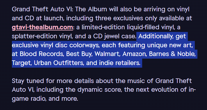 Top5Gamingx's tweet photo. GTA 6: The Album will have exclusive variants at Blood Records, Best Buy, Walmart, Amazon, Barnes &amp; Noble, Target, Urban Outfitters, and indie retailers. https://t.co/OTpqLUlxyh