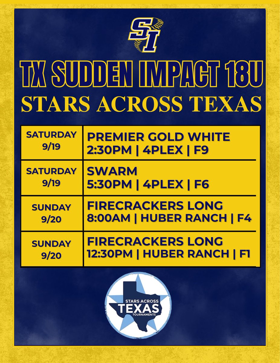 TXSI18's tweet photo. Texas Sudden Impact 18U is headed to Seguin for Stars Across Texas this weekend! We’re ready to hit the field, compete, and get the fall season rolling! https://t.co/IksieBnDL7