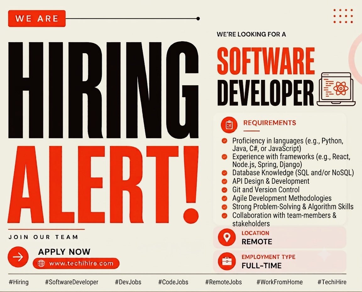 real_techihire's tweet photo. Hiring Alert: Software Developer

Apply Now: https://t.co/vJvrF98tab

We're looking for a passionate Software Developer to join our team.
Location: Remote
Employment Type: Full-Time

#Hiring #SoftwareDeveloper #JobsInIndia #TechJobs #RemoteJobs #CareerGrowth #HiringIndi https://t.co/xA2zYGe1Y2