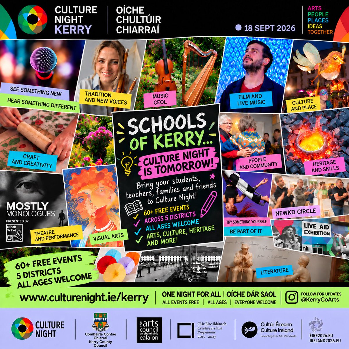 KerryCoArts's tweet photo. Calling our Kerry school communities 👋— Culture Night is TOMORROW! Friday 18 Sept | 60+ FREE events across Kerry ...Students, teachers, families &amp; friends — come and enjoy One Night for All | Oíche Dár Saol.🔗 https://t.co/yIKfmedxVs
@Education_Ire @KerryETB  #culturenight https://t.co/iIhBJncBoE