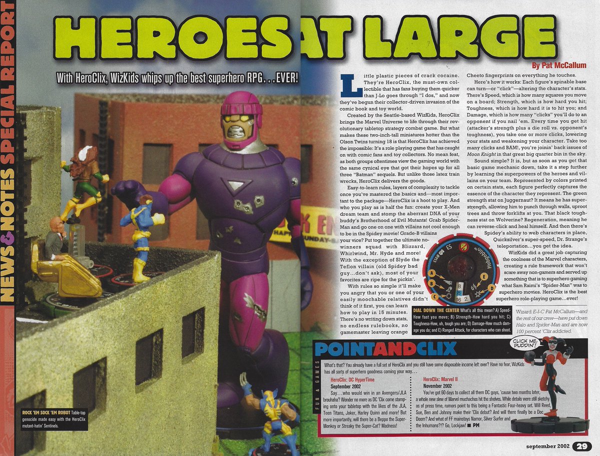 WizardsComics's tweet photo. Here is the write-up from issue 132 by Editor-In-Chief, Pat McCallum on the new obsession of 2002 in the Wizard offices, #marvelcomics #HeroClix ! https://t.co/fA2E0JeyzR