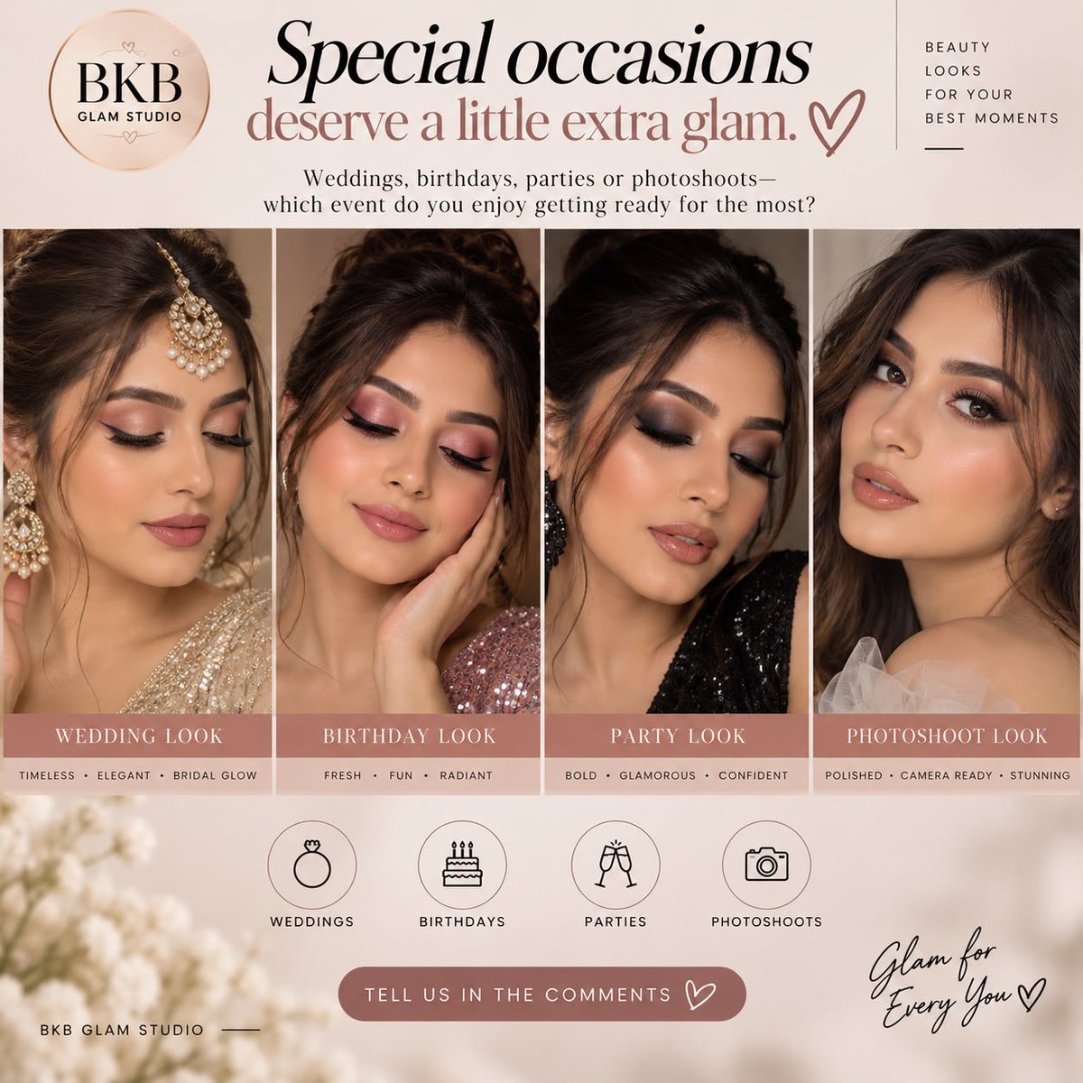 BKBGlamStudio's tweet photo. Special occasions deserve a little extra glam. ✨Weddings, birthdays, parties or photoshoots—which event do you enjoy getting ready for the most?
 #SpecialEventMakeup #PartyMakeup #BKBGLAMStudio https://t.co/rotbncmWCB