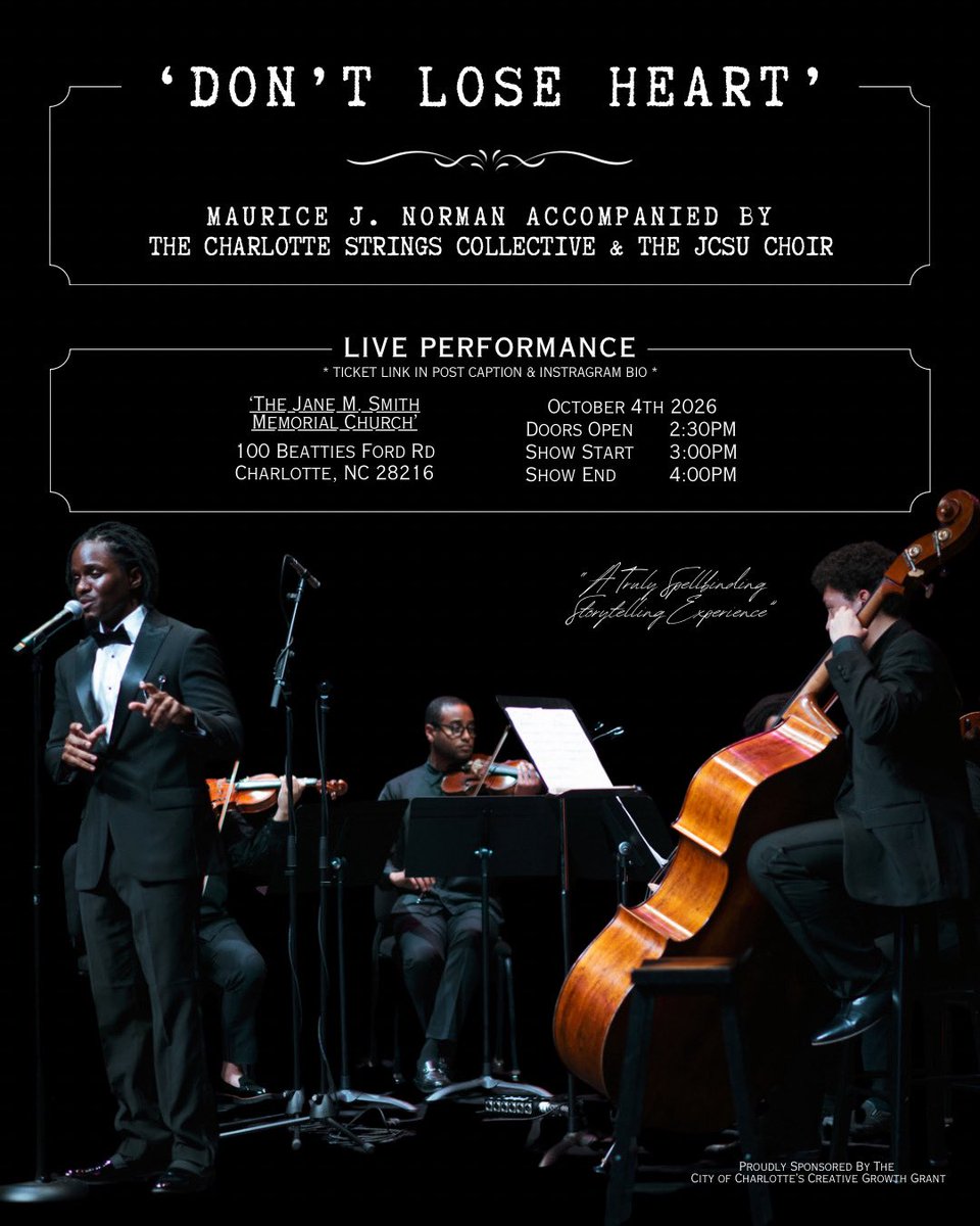 JCSUniversity's tweet photo. Maurice J. Norman + The Charlotte Strings Collective + the JCSU Choir. One afternoon only. 🎻 "Don't Lose Heart," Sun. Oct 4, 3 PM at the Jane M. Smith Memorial Church. Tickets 👉 https://t.co/B6I8iuh4BR https://t.co/VL3Cl0RXeA