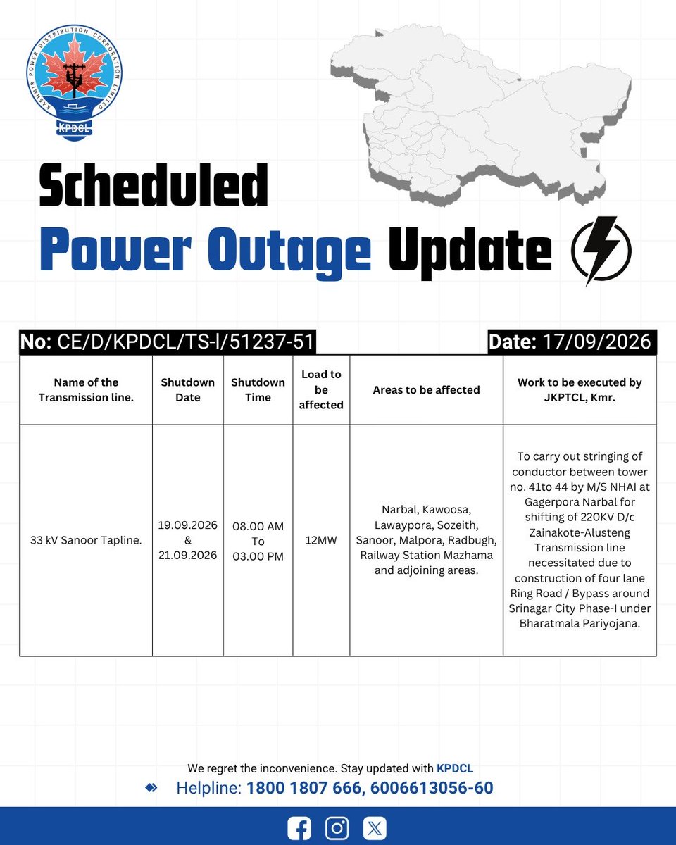 kpdcloffice's tweet photo. Scheduled Power Shutdown Update 

Stay prepared!

We regret the inconvenience caused.

#KPDCL #SHUTDOWN

@CM_JnK @OfficeOfLGJandK @diprjk @nasirsogami @DivComKash @GreaterKashmir @RisingKashmir https://t.co/ORtyUp6rLn