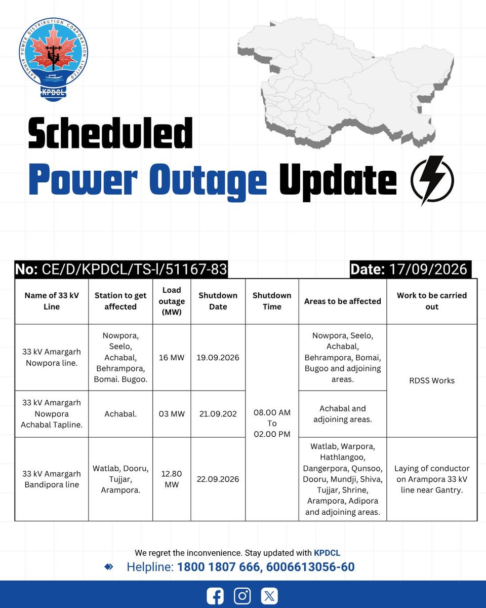 kpdcloffice's tweet photo. Scheduled Power Shutdown Update 

Stay prepared!

We regret the inconvenience caused.

#KPDCL #SHUTDOWN

@CM_JnK @OfficeOfLGJandK @diprjk @nasirsogami @DivComKash @GreaterKashmir @RisingKashmir https://t.co/ORtyUp6rLn