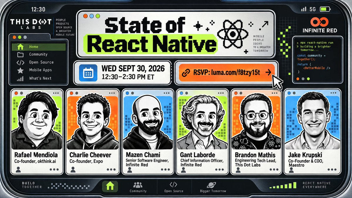 ladyleet's tweet photo. State of React Native is tomorrow at 12:30 PM ET.

Hear from @ccheever of @expo, @mazenchami and @GantLaborde of @infinite_red, @BrandonMathis of @ThisDotLabs, Rafael Mendiola of @okthinkai, and Jacob Krupski of @maestro__dev.

RSVP: https://t.co/Vu8SY5uG80 https://t.co/IbQevIvrXQ