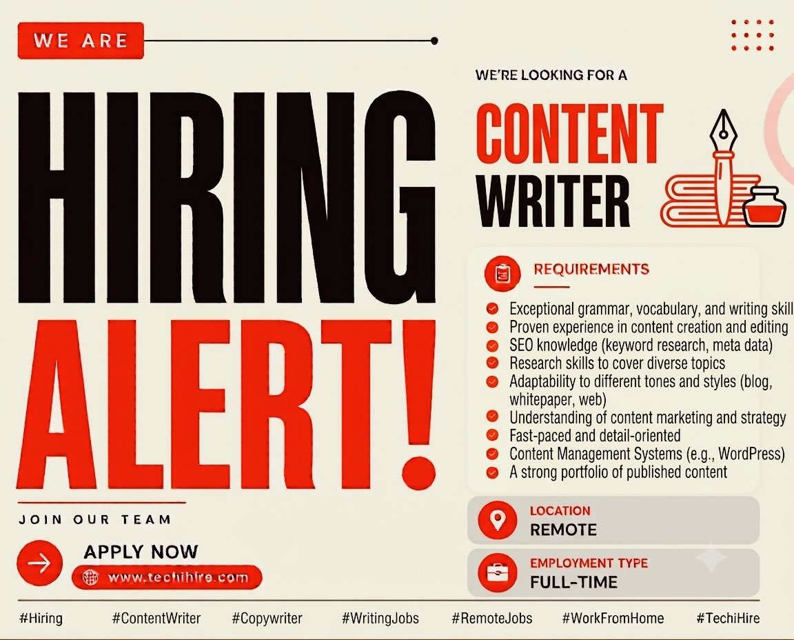 real_techihire's tweet photo. Hiring Alert: Content Writer
Apply Now: https://t.co/vJvrF98tab
We're looking for a creative Content Writer.
Employment Type: Part-Time
#Hiring #ContentWriter #JobsInIndia #WritingJobs #RemoteJobs #WorkFromHomeJobs #IndianStudents #HiringIndia #Techihire https://t.co/wfrxejQOr0