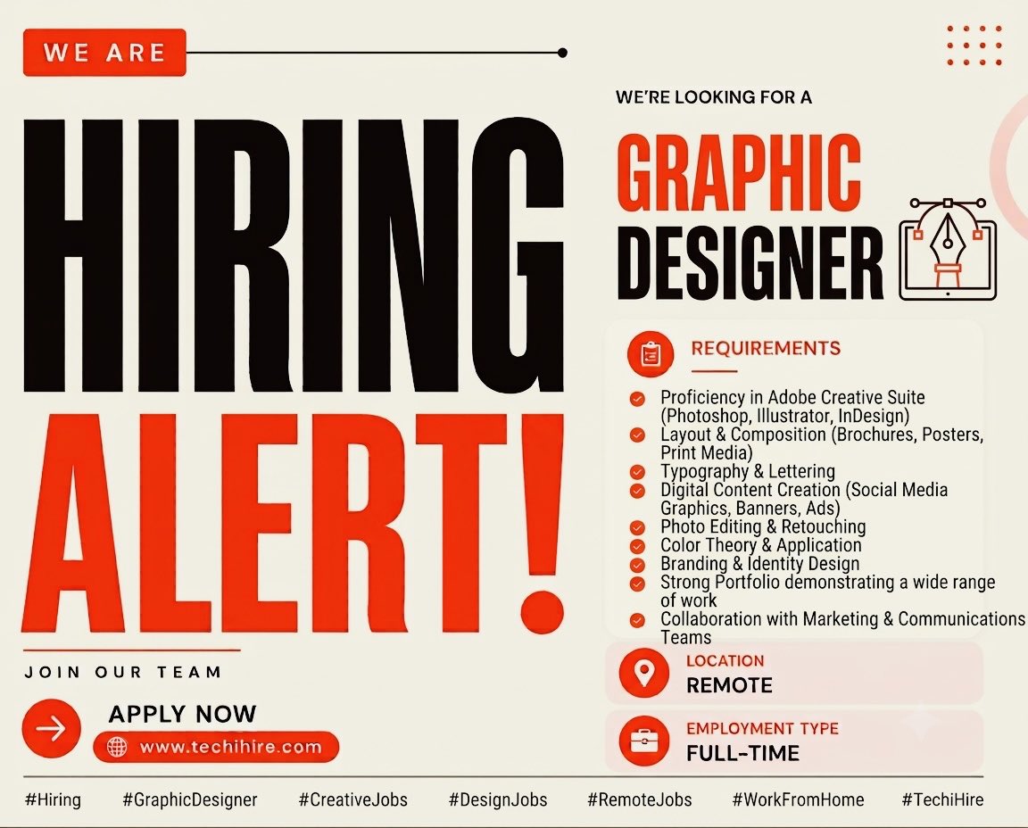 real_techihire's tweet photo. Hiring Alert: Graphic Designer

Apply Now: https://t.co/vJvrF98tab

We're looking for a talented Graphic Designer 
Location: Remote
Employment Type: Full-Time

#Hiring #GraphicDesigner #JobsInIndia #DesignJobs #CreativeJobs #RemoteJobs #HiringIndia #IndianStudents #CareerGrowth https://t.co/5thblIHJsn