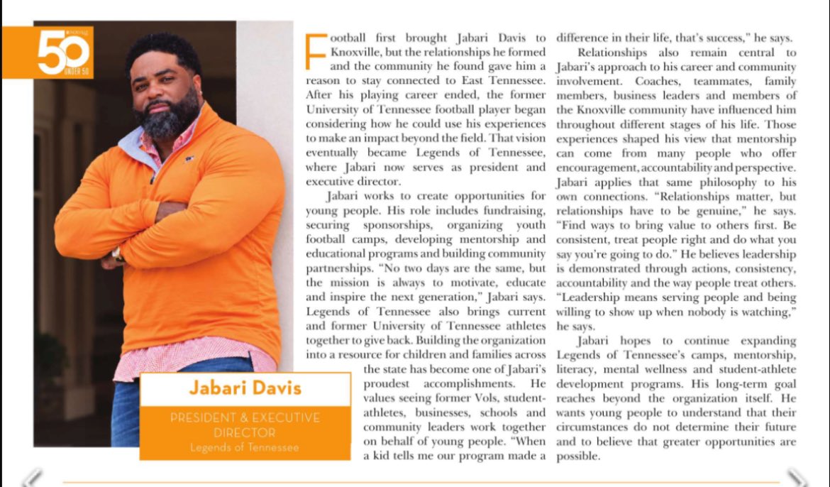 jabaridavis_VFL's tweet photo. Grateful to be recognized as one of #VIPKnoxvilleโs 50 Under 50!
This recognition reflects the amazing people, partnerships & community support behind our mission at @LegendsofTN
More work to do. More young lives to impact. The marathon continues!
#50Under50 #VFL ๐ช๐พ๐๐๐พ https://t.co/DHG75cNKFg