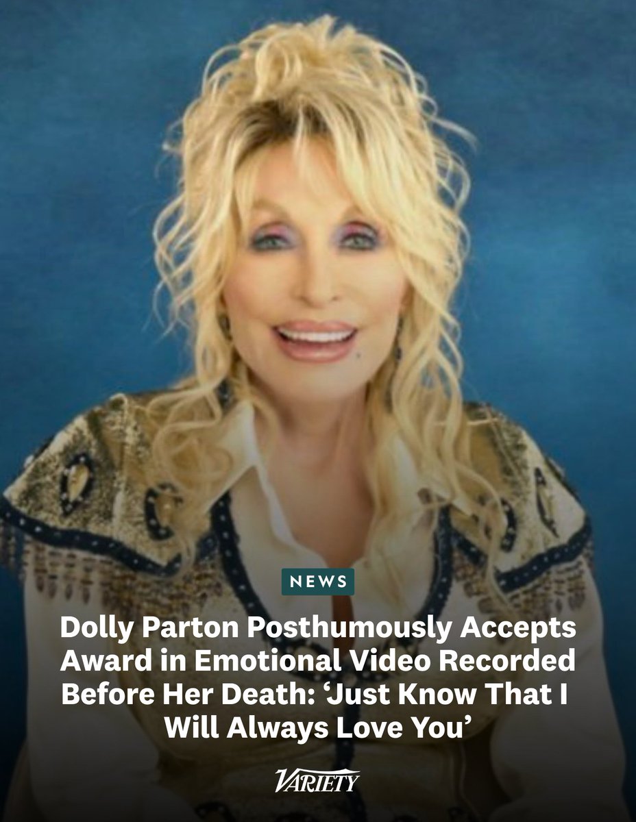 Variety's tweet photo. Dolly Parton surprised fans at last night's Americana Awards by posthumously accepting an award in a video recorded before her death: "Just know that I will always love you."

"Hey, it’s Dolly! I am so honored to receive the Lifetime Achievement Award from the Americana Music Association. I mean, roots  music, or what is now called Americana music, is what I grew up playing  back in the Smoky Mountains. It’s that same music that drew me back to  East Tennessee back in 1997 to write and record my album ‘Hungry Again.’ And that project really opened the door to a series of bluegrass and acoustic albums that changed the course of my career in so many ways.  Now, new fans discovered these albums, new Americana music communities embraced them, and now, looking back at it all, I see this era of my  career as a musical renaissance of sorts. And I want to thank everybody at the AMA for  recognizing me with this award. It’s a great honor, truly. And just know that I will always love you.”

https://t.co/Zrf6dGQzlr