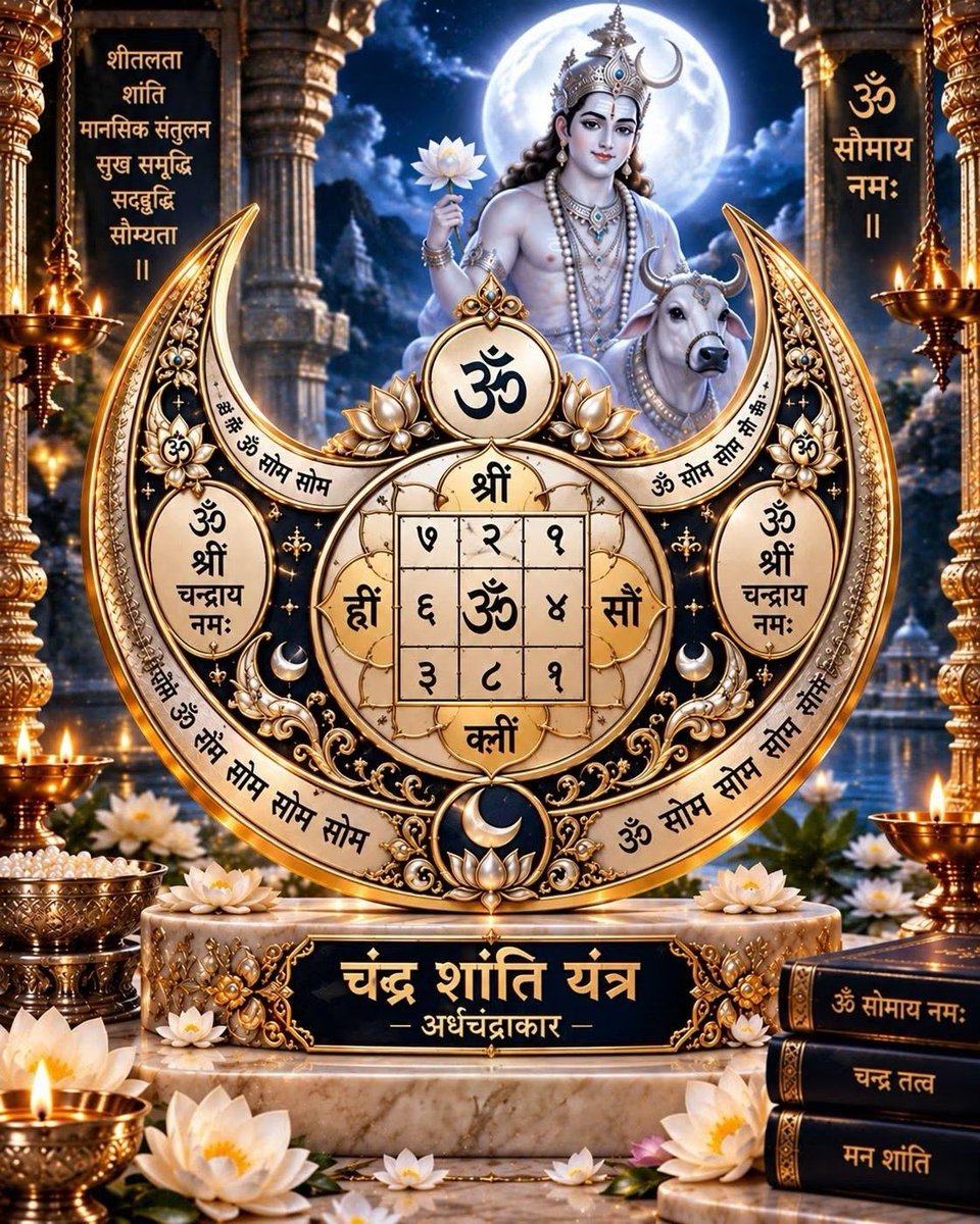 arun1935arun's tweet photo. 🌙 चंद्र शांति यंत्र — अर्धचंद्राकार

चंद्र शांति यंत्र चंद्रदेव की उपासना, मन की शांति, भावनात्मक संतुलन, धैर्य, सौम्यता और सकारात्मक चिंतन के आध्यात्मिक भाव से जुड़ा यंत्र-स्वरूप है। इसका अर्धचंद्राकार स्वरूप शीतलता, शांति, संतुलन और मन की स्थिरता का प्रतीकात्मक भाव प्रस्तुत करता है।