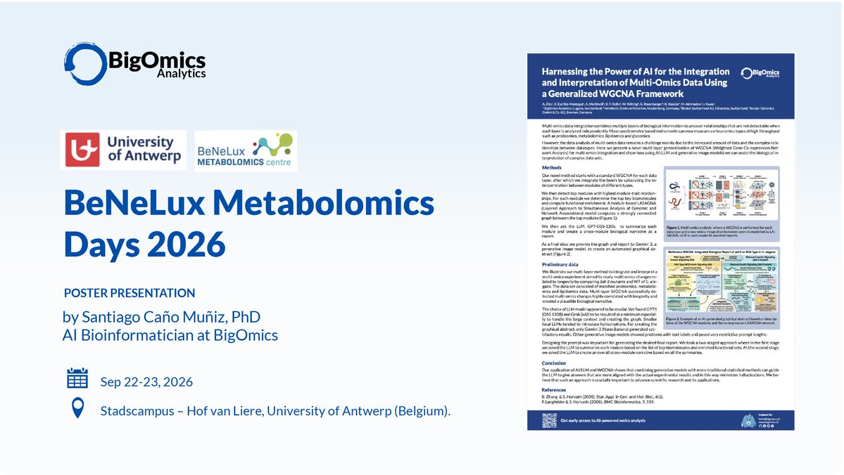 bigomics's tweet photo. BigOmics is heading to Benelux #Metabolomics Days in Antwerp! If you're attending, come check out the poster and say hi to Santiago from our team 👋
📍 Stadscampus – Hof van Liere, University of Antwerp (Belgium) | Sept 22–23, 2026
#multiomics #WGCNA #omicplayground https://t.co/DYXlodfzyp