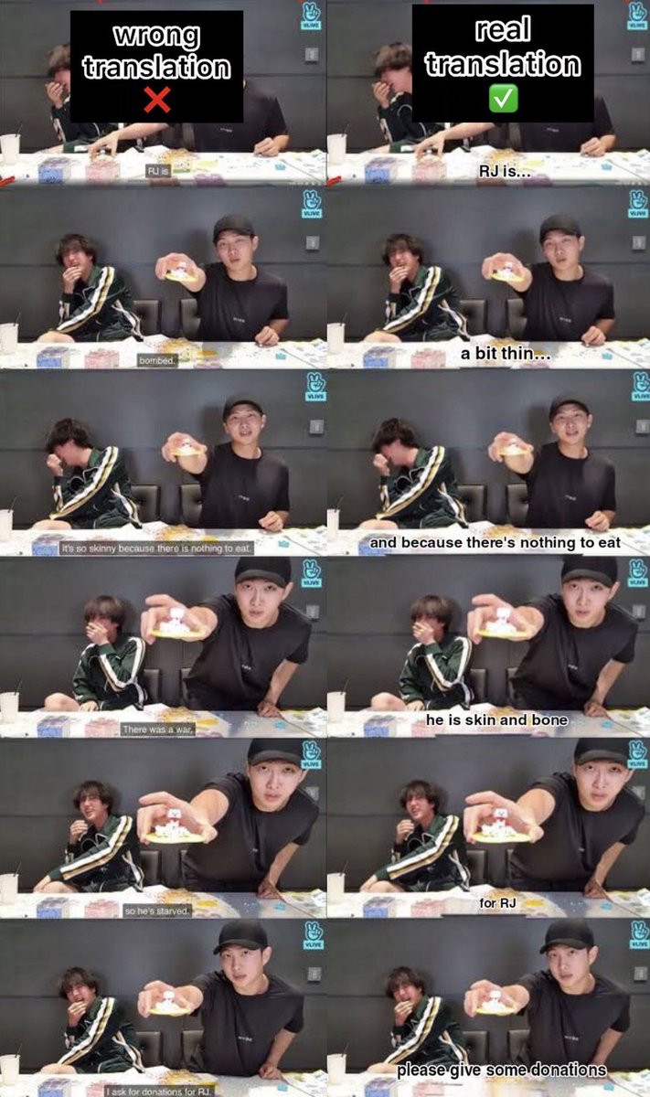 HavenCrave's tweet photo. This clip was taken out of context from a 2021 livestream. RM made a Playful remark about Jin’s BT21 character, RJ.

RM did not mention b0mb/war, he said 마르고 (mareugo) which means “thin / skinny.” followed by a humorous request for donations for RJ, a fictional character,
+ https://t.co/FeITd7w2vC