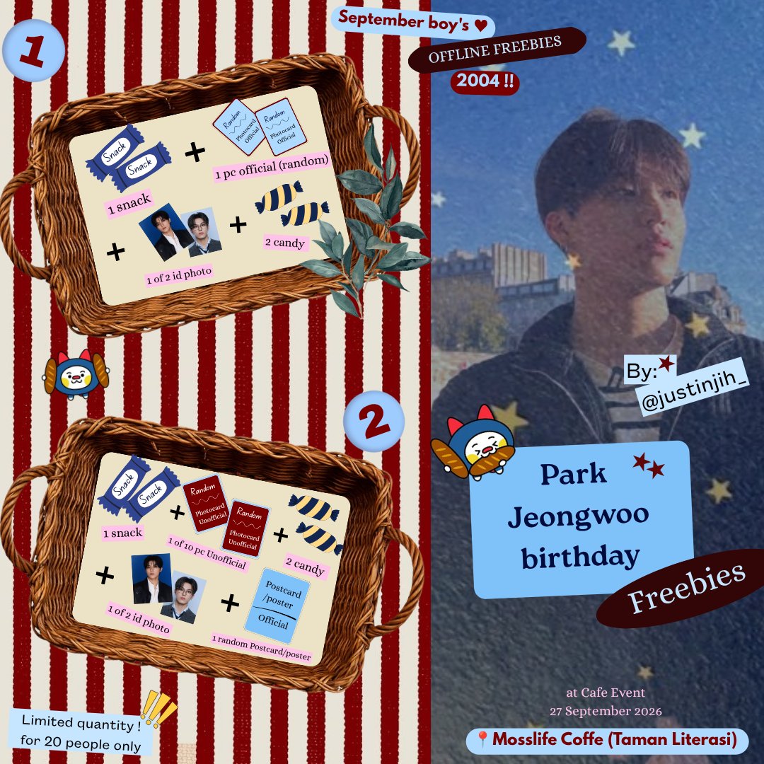 justinjih_'s tweet photo. ★ Park Jeongwoo B'day Freebies ★

#PARKJEONGWOO birthday offline freebies by @justinjih_ only for uwoos &amp; teume 

 at cafe event by: @DAW00RIN (sesi 1) 

📍Mosslife Coffe (Taman Literasi Blok M) 
🗓 27 September 2026

‼️ Limited Quantity ‼️ See u guyyss https://t.co/PJZBbLdwfa
