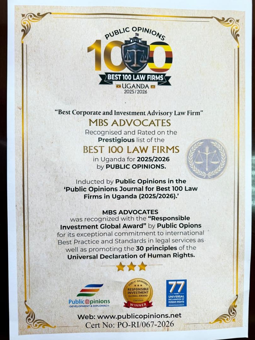 MBSLawyers's tweet photo. We're honoured to have been named "Best Corporate and Investment Advisory Law Firm" &amp; inducted into the "Best 100 Law Firms in Uganda 2025/26" by Public Opinions.

We also received the "Responsible Investment Global Award"

This is your win to you our valued clients #MBSAdvocates https://t.co/6aKVEetScy