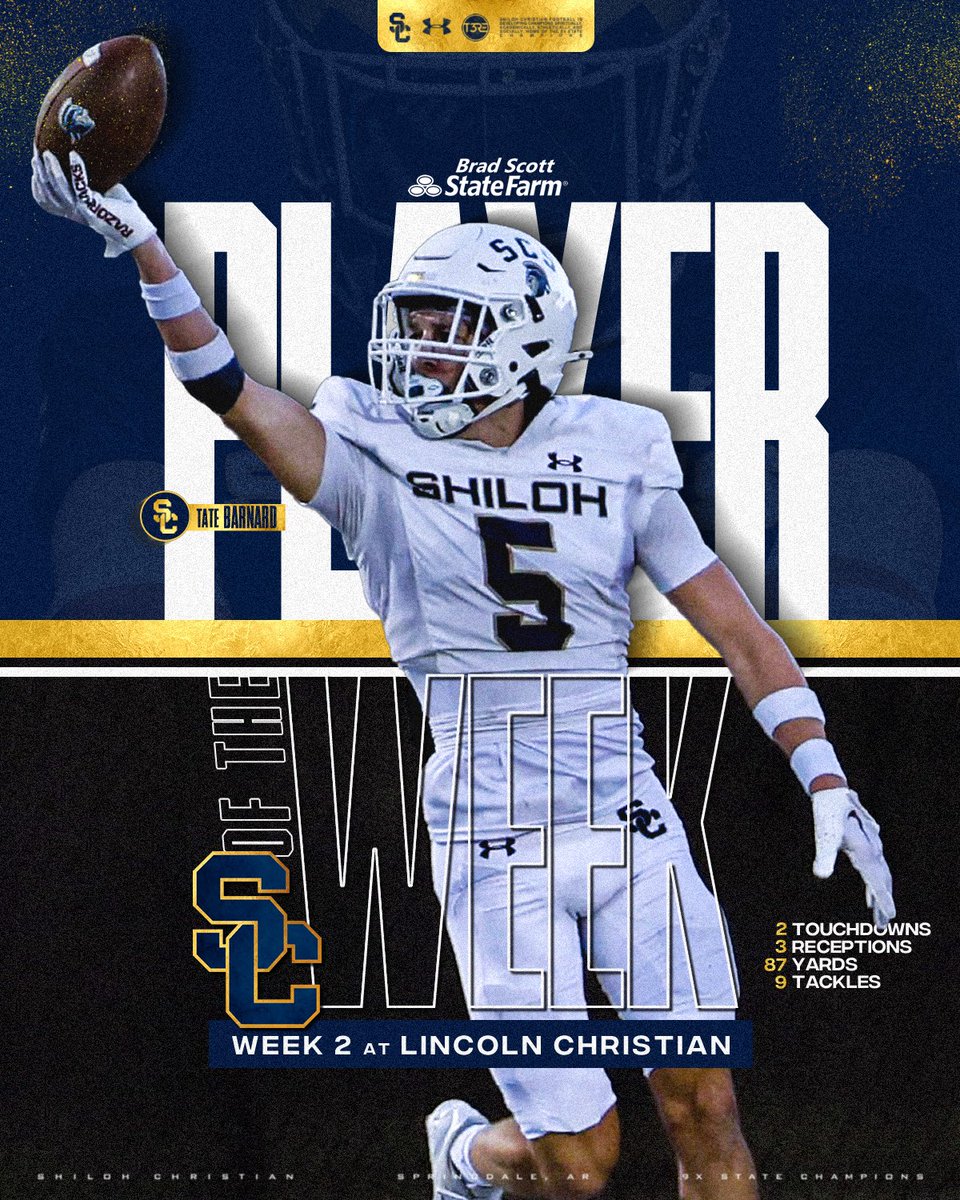 ShilohSaintsFB's tweet photo. Brad Scott State Farm Player of the Week vs Lincoln Christian:

#5 Tate Barnard @tate_barnard08 

2 Touchdowns
3 Receptions
87 Yards
9 Tackles

#GoSaints | #T3RE https://t.co/LvBrSr409b