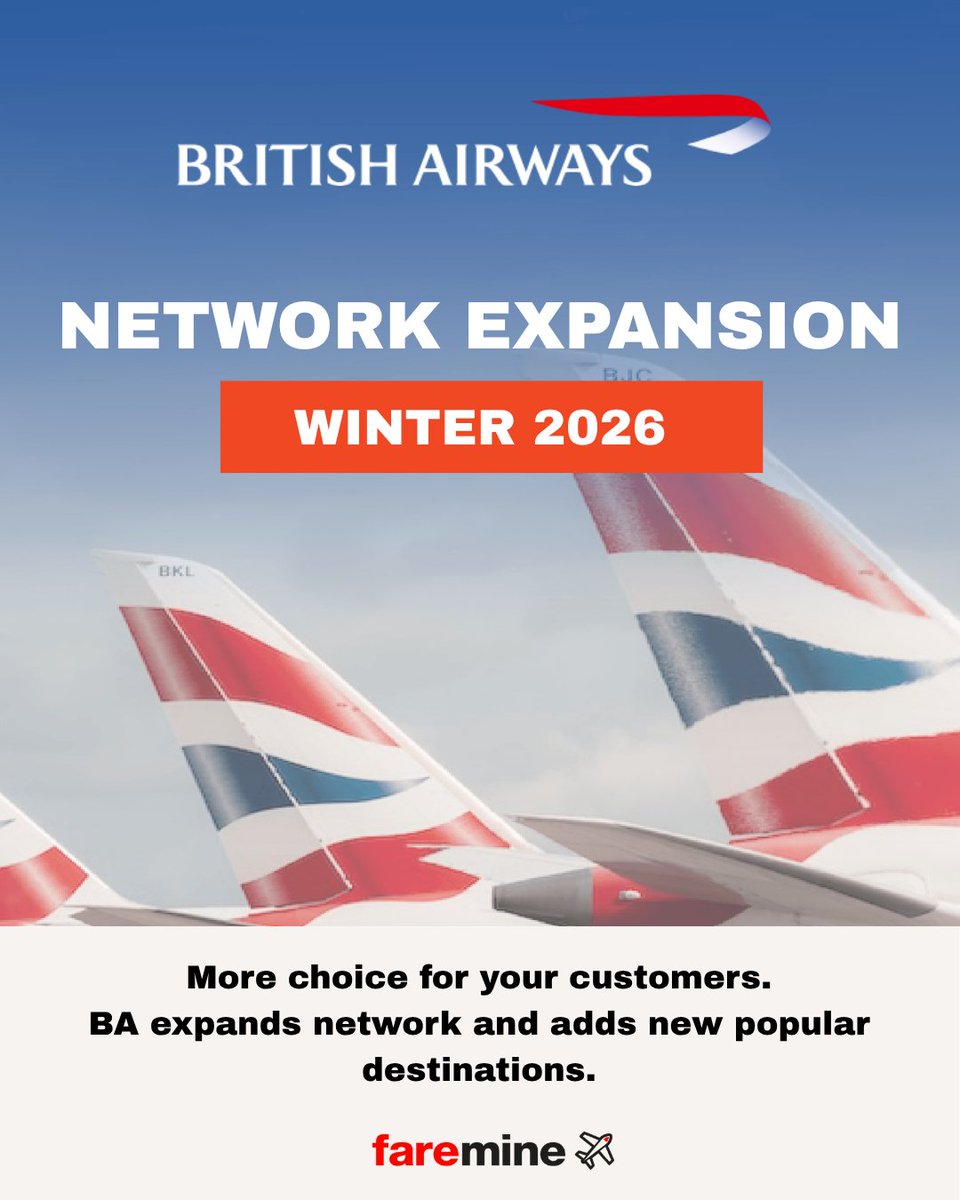 faremine's tweet photo. ✈️ @British_Airways Network Expansion for Winter 2026!
BA has announced a significant planned expansion to its network for winter 2026.
#Faremine #BritishAirways #TravelBook https://t.co/gv5ehFvEk5