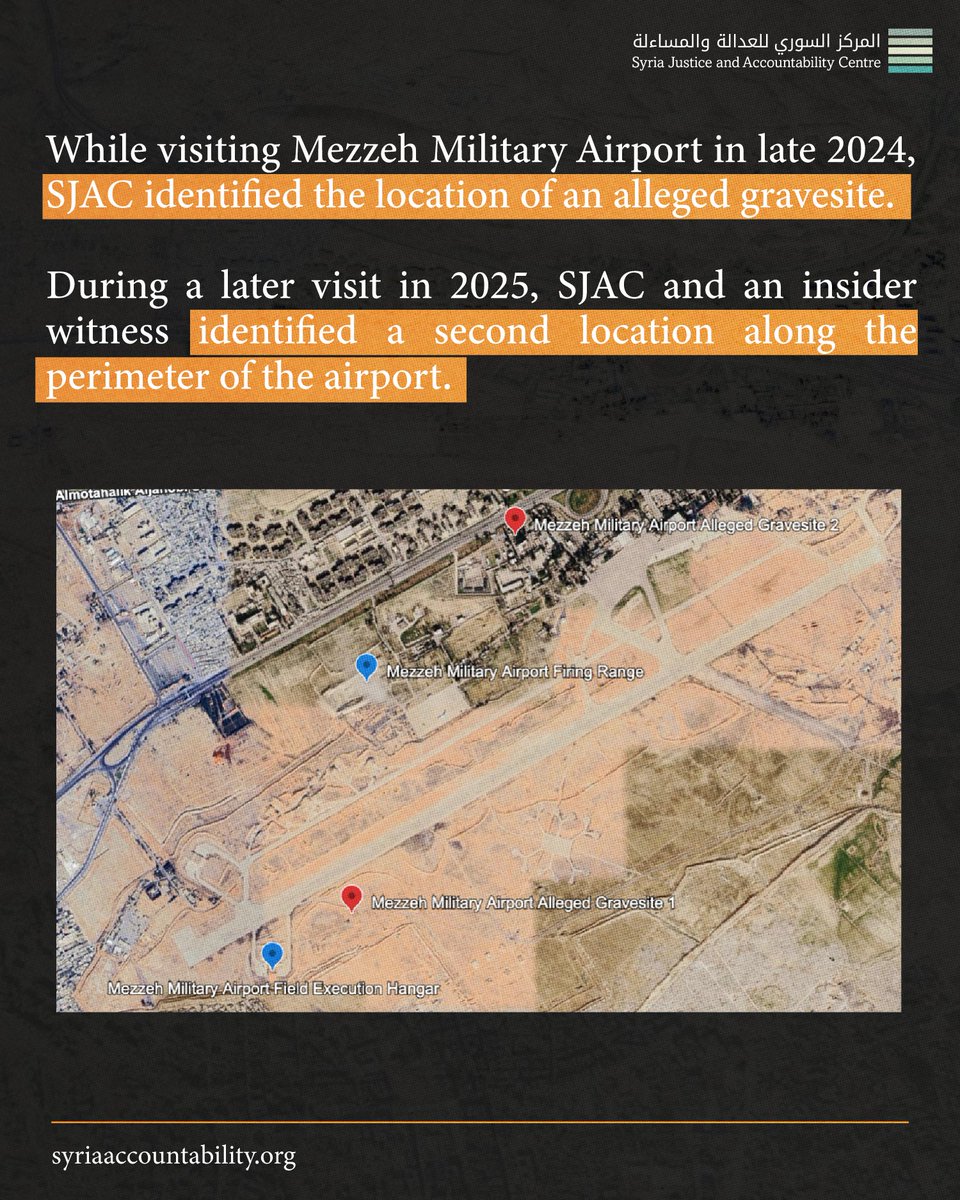 SJAC_info's tweet photo. Documents collected by SJAC from the #Assad government show the potential presence of mass graves at #Mezzeh Military Airport

Unfortunately, redevelopment plans may damage vital evidence in the search for missing persons

Read more here
https://t.co/s1UIlKib0f https://t.co/ppzphkOAhi