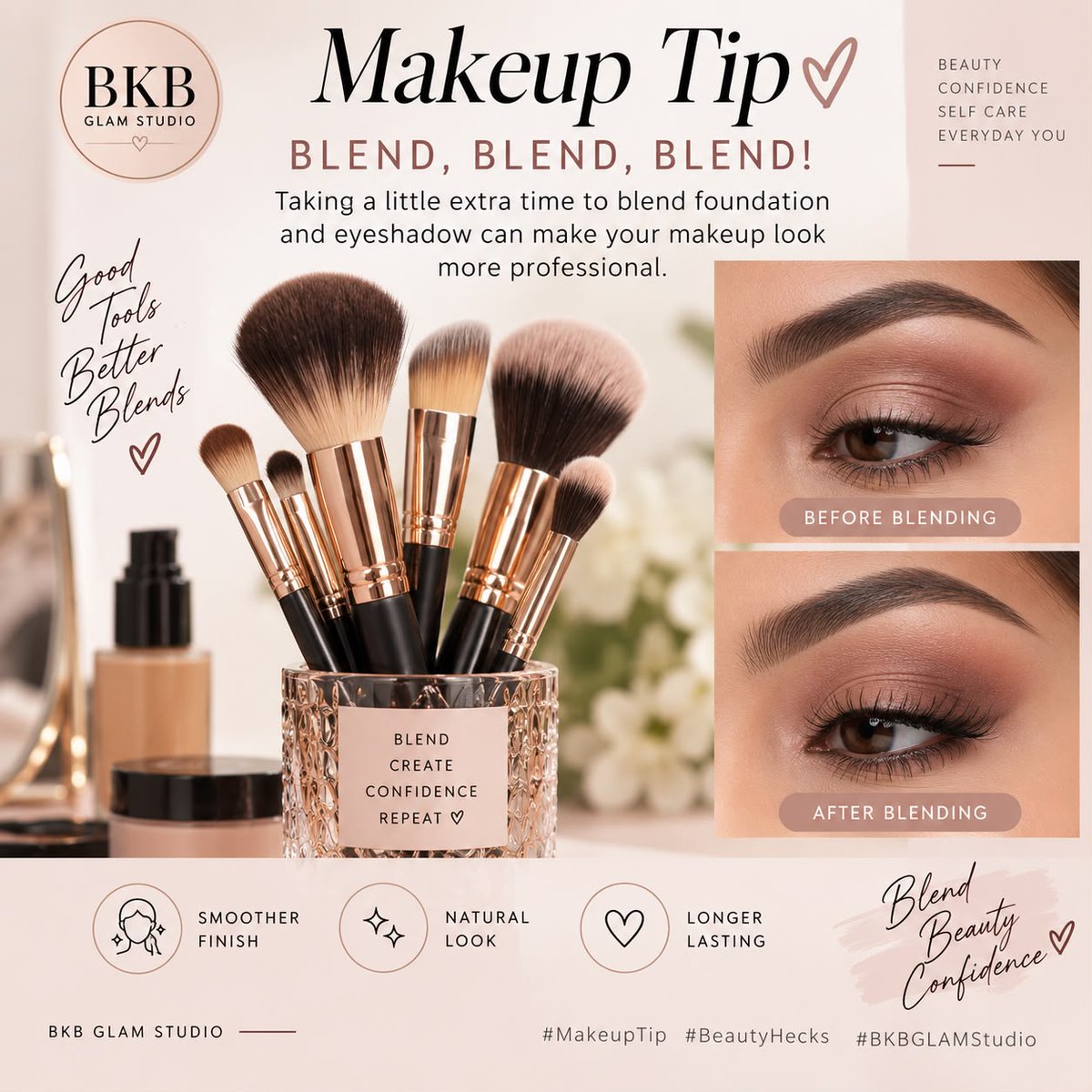 BKBGlamStudio's tweet photo. Makeup Tip 💄Blend, blend, blend! Taking a little extra time to blend foundation and eyeshadow can make your makeup look more professional.

 #MakeupTip #BeautyHecks #BKBGLAMStudio https://t.co/NyXAgeiJmv