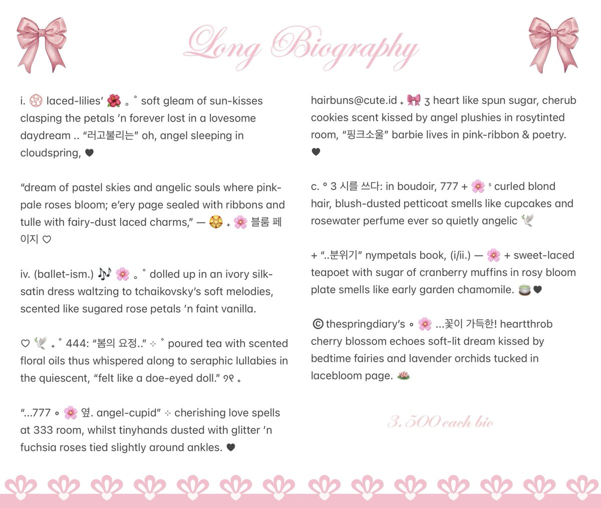 hiabiscus's tweet photo. ౨ৎ I'm back with 9 ready stock long bios! ౨ৎ

For just 3,500 you can get 1 bio < with a cute theme > 🎀✧ ˚ These bios are very berry perfect for cyber, personal, and rant account. Come here and grab your favorite wording now! ꒰ა໒꒱ #zonauang https://t.co/yjf39BdNtl