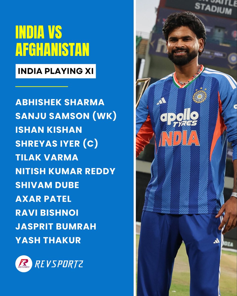 RevSportzGlobal's tweet photo. India and Afghanistan playing 11 for the 3rd T20I announced.
Here’s how both sides line up.
#IndiavsAfg https://t.co/1BFMXC1iow