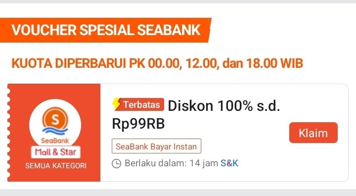 Domensy's tweet photo. Voucher shopee spesial seabank 
⏰ 00.00 | 12.00 | 18.00 WIB

Diskon 100% s/d 99rb
Klaim dulu
https://t.co/kspt0plpbu

Khusus pembayaran seabank bayar instan https://t.co/M0EX3YJF8w