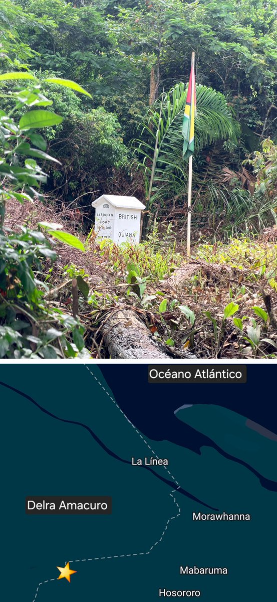 AntroCanal's tweet photo. Hito fronterizo con la bandera de Guyana en la ribera del río Amacuro,  limite de facto al norte. #17Sep 

El río Amacuro tiene una longitud de aproximadamente 176 kilómetros. Pasa cerca de poblados indígenas como San José de Amacuro, y desemboca directamente en el océano Atlántico, en la boca del delta del Orinoco.  En el Esequibo colinda con los poblados de Aguablanca, kaikan norte y Mabaruma. 

Es importante indicar que Venezuela no reconoce frontera con Guyana en esa área y por ende, dicho hito fronterizo es ilegal, además de la bandera guyanesa izada a su lado. 

Instamos a las autoridades militares de Venezuela a monitorear dicha edificación y su remoción, siguiendo lo dicho en el Acuerdo de Ginebra de 1966 y la Ley Orgánica para la Defensa del Esequibo. #MiMapa