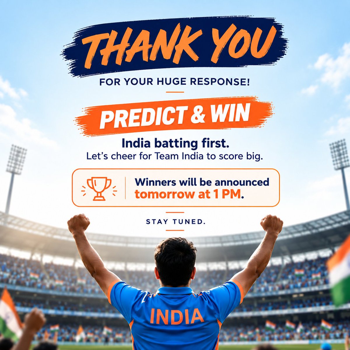 My11Circle's tweet photo. 🇮🇳 What a response! ❤️
India is batting first! Let’s cheer for Team India to score BIG! 🏏🔥

Thank you for making #My11PredictWin such a massive hit. 🙌

🏆 11 winners will be announced tomorrow at 1 PM. https://t.co/9u3akZZXGZ