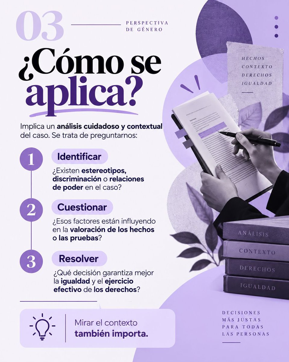 gabyvilledam's tweet photo. Juzgar con perspectiva de género es mirar el contexto, cuestionar estereotipos y evitar que prejuicios influyan en una decisión judicial.

No sustituye la ley ni las pruebas: busca garantizar igualdad y proteger derechos. ⚖️💜

#PerspectivaDeGénero #Igualdad #GabyVilleda https://t.co/wO8pphsl9J