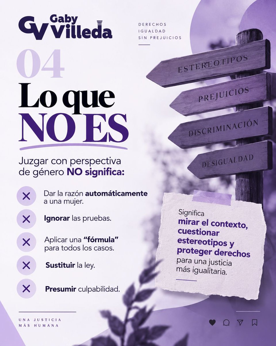 gabyvilledam's tweet photo. Juzgar con perspectiva de género es mirar el contexto, cuestionar estereotipos y evitar que prejuicios influyan en una decisión judicial.

No sustituye la ley ni las pruebas: busca garantizar igualdad y proteger derechos. ⚖️💜

#PerspectivaDeGénero #Igualdad #GabyVilleda https://t.co/wO8pphsl9J