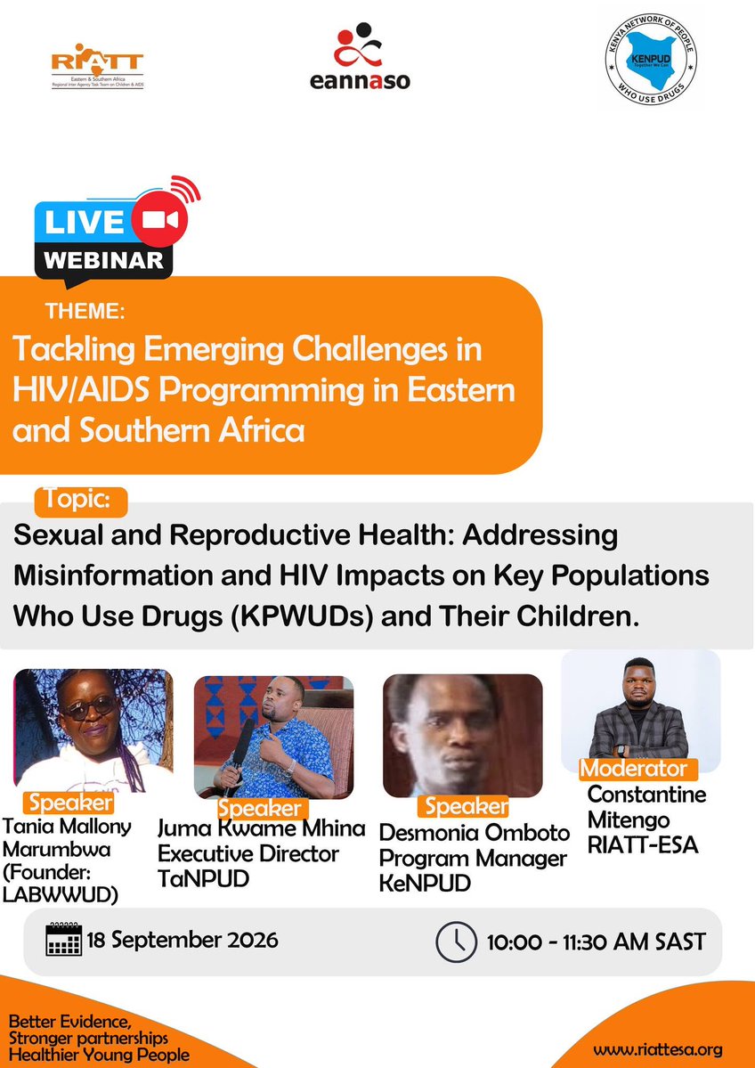 teampata's tweet photo. Join RIATT-ESA, EANNASO &amp; KeNPUD for a regional conversation on SRHR, misinformation, HIV and the realities of KPWUDs and their children.

📅 18 Sept 2026 | 10:00–11:30 SAST
💻 Microsoft Teams
Register and Join the webinar: https://t.co/xX6pijrFOs https://t.co/ptxYSJlTDY
