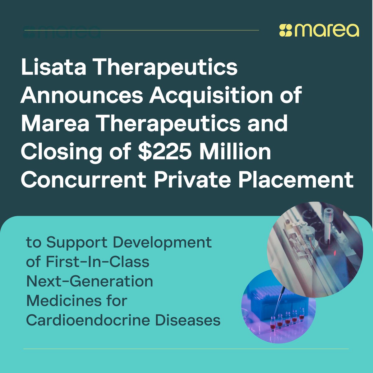 Marea_tx's tweet photo. We're excited to announce that we've entered into a definitive agreement with @Lisata_tx ($LSTA) to combine the companies in an all-stock transaction. The outcome will focus on advancing MAR001/005 and MAR002 through key clinical milestones, including the completion of an ongoing Phase 2b trial in patients with severe hypertriglyceridemia and a Phase 2 trial in patients with acromegaly.

To support the acquisition, we secured an oversubscribed $225 million private placement from a syndicate of leading healthcare investors, which is expected to close concurrently.

Details: https://t.co/vMvfGXYWEC
