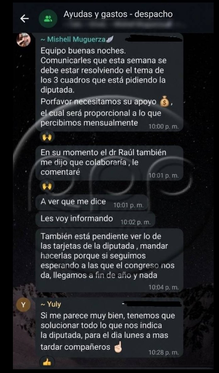 KikesitoVH's tweet photo. #OJO Un serie de chats revelarían que la diputada @CatherinPalomin le habría pedido a sus trabajadores que paguen con parte de sueldo, adornos, cuadros y hasta comida para su despacho. Sería el primer caso de mocha sueldos de éste congreso

Vía @elfoco_pe https://t.co/LxxBYCRyJV