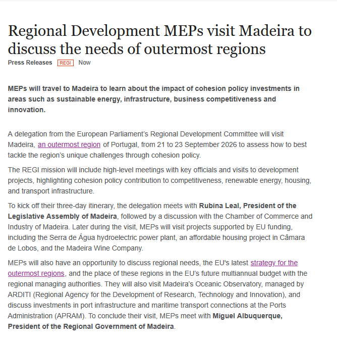 EP_Regional's tweet photo. 🇵🇹Next week, @EP_Regional MEPs led by VP @YounousOmarjee visit Madeira to discuss the needs of outermost regions &amp; cohesion investment into sustainable energy, innovation, economic growth &amp; more
🗓️21-23 Sep

🔗Read more: https://t.co/0lVEEuEp0n

1/2 https://t.co/onYVuXMyEj