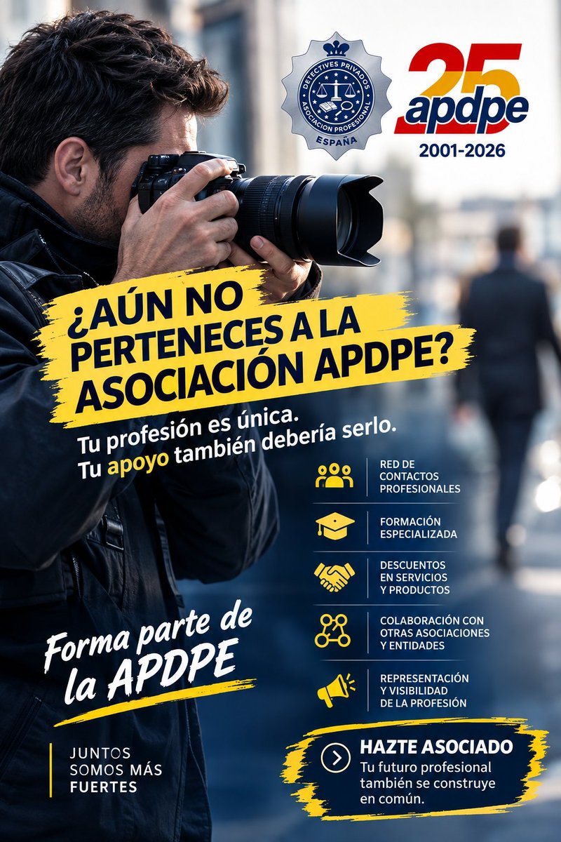 APDPE's tweet photo. ¿Eres #DetectivePrivado? 🕵️♂️
Formar parte de la #APDPE es mucho más que pertenecer a una #Asociación: es sumar contactos, formación, ventajas, visibilidad y representación.
🤝 Más conexiones. 🎓 Más recursos. 📢 Una voz común.
👉 Únete a la APDPE.
#DetectivesPrivados https://t.co/TJ93JKnzsr