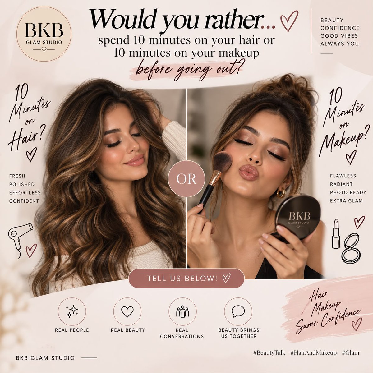 BKBGlamStudio's tweet photo. Would you rather spend 10 minutes on your hair or 10 minutes on your makeup before going out? 💄💇‍♀️Tell us below!
#BeautyTalk #HairAndMakeup #Glam https://t.co/n64Y08FiMF