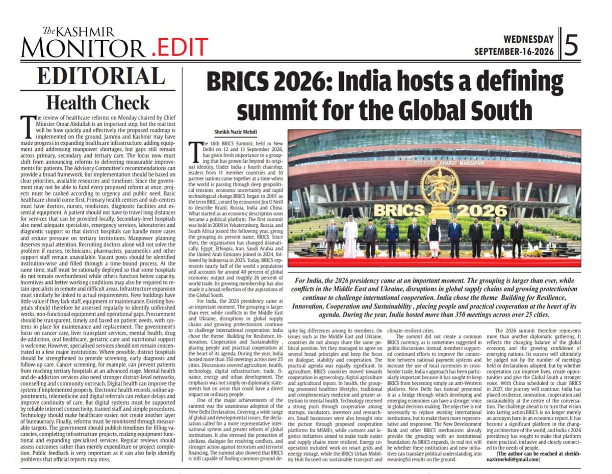 kashmir_writes9's tweet photo. The 18th BRICS Summit in New Delhi marks a significant moment for the Global South. Under India’s chairship, BRICS focused on resilience, innovation, cooperation and sustainability, with an emphasis on practical outcomes. As the grouping expands, its future will depend on turning dialogue into meaningful cooperation and development
https://t.co/q2Pt294JXX